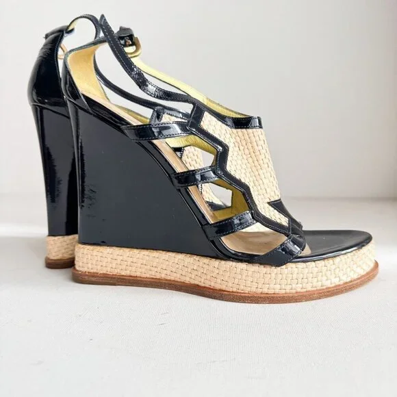 Pollini Raffia Patent Leather Navy Blue Wedge Summer Heels 40 - Picture 3 of 8